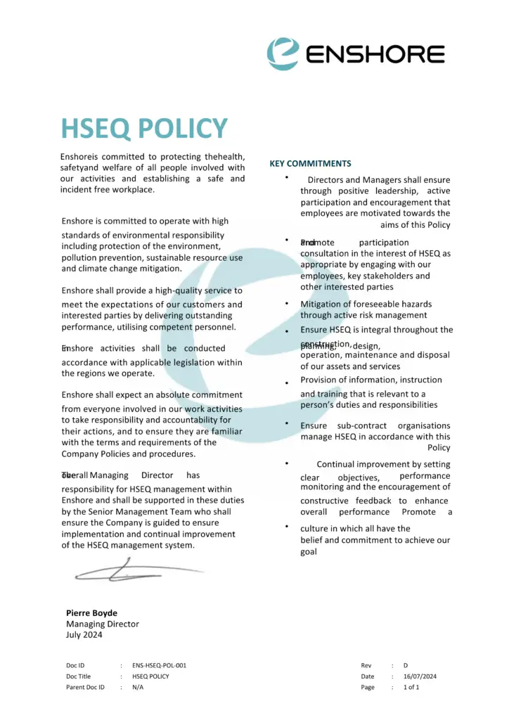 Enshore Subsea HSEQ Policy